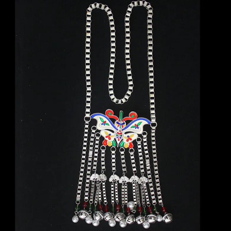 Hmong Necklace Chinese Folk Style Bells Tassels Longevity Lock Oriental Miao Silver Necklace Festival Accessories Collar Jewelry