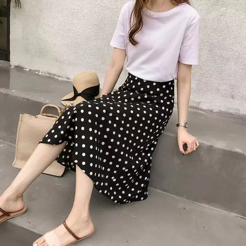 New Fashion Women High Waist Polka Dots Skirt Elegant Midi Length Skirts Female Korean Wrap Chiffon Skirts Casual Clothing