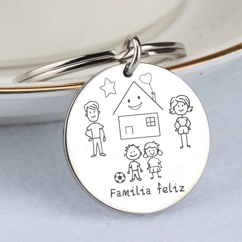 New Stick Family Keychain Hand Stamped Stainless Steel Round Keychain for Family Member Gift Fashion Accessories DIY Custom