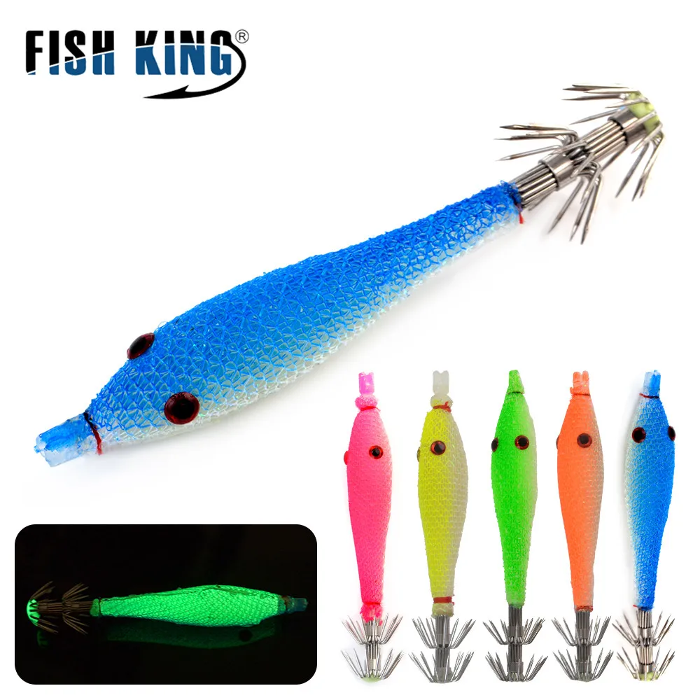 FISH KING 5Color 5PCS/lot Squid Hook Soft Bait Fishing Lure Artificial Squid Hook Jigs Octopus Cuttlefish Shrimp