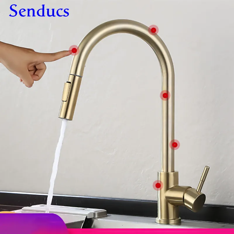 

Gold Touch Kitchen Faucet Senducs Pull Out Touch Kitchen Mixer Tap Quality Stainless Steel Water Tap Gold Sensor Kitchen Faucet