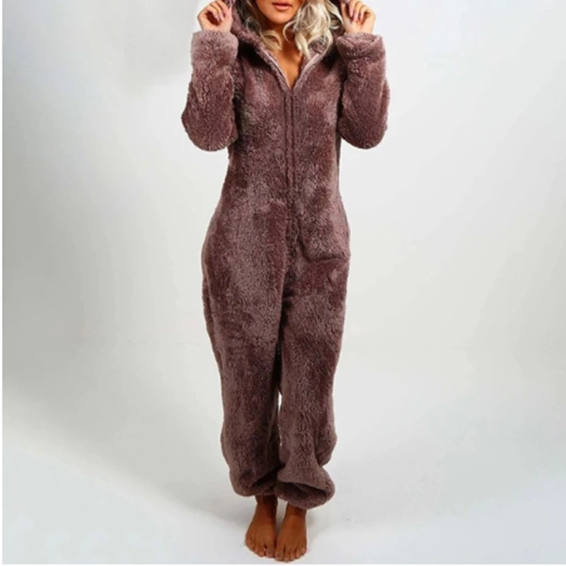 Frauen Warme Fleece Plüsch Mit Kapuze Pyjamas Overall Herbst Winter Einfarbig Langarm Casual Nachtwäsche Homewear