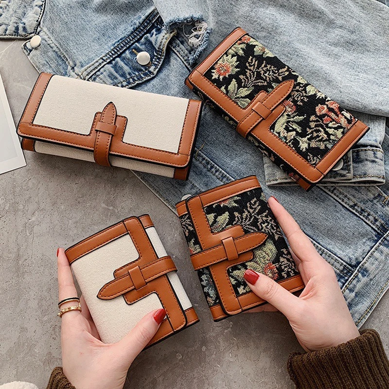 

2021 New Women Luxury Trifold Wallets Designer Embroidery Flowers Canvas Soft Long Short Purse Girls Fashion Card Holder Clutch