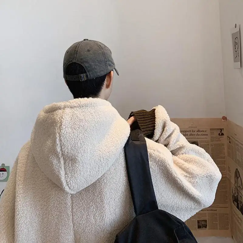 Full Winter Fake Two-piece Lamb Plush Man Hooded Korean Version Loose Casual blue Letter Embroidery Men Sweatshirt Warm Tops
