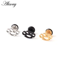 Alisouy 2pcs Black Gold Color Stainless Steel Unique Flower Shaped Men Women Ear Stud Earrings