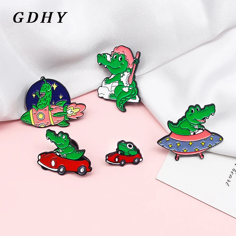 GDHY Frog Crocodile Aliens Enamel Pins Green Animal Driver Red car UFO Flying saucer Rocket Brooches Jewelry for Kids Wholesale