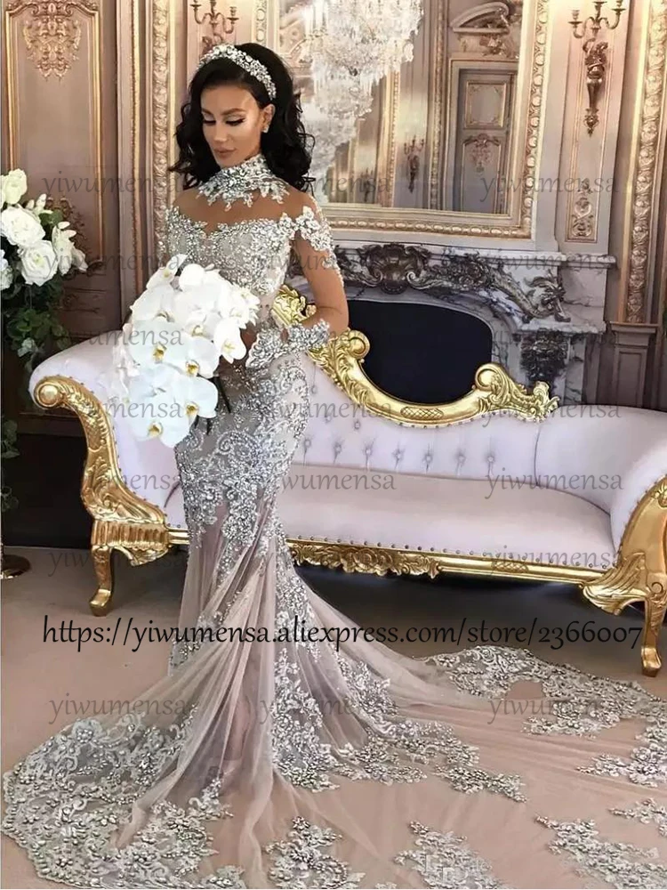 Arabisch Aso Ebi Meerjungfrau Brautkleider sexy bling Perlen Applikationen Brautkleider High Neck Illusion lange Ärmel Frauen Kleidung