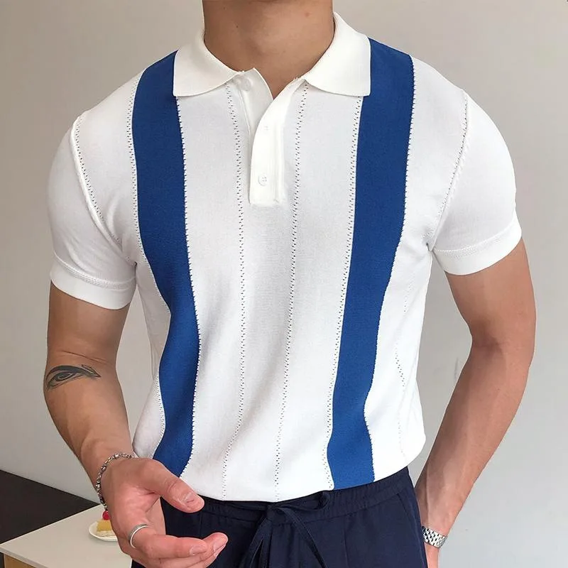 Summer Clothing Men\'s Casual Knitted Patchwork Short Sleeve Polo Shirt Lapel Button Breathable T Shirt Fashion Luxury M-3XL