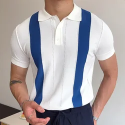 Summer Clothing Men's Casual Knitted Patchwork Short Sleeve Polo Shirt Lapel Button Breathable T Shirt Fashion Luxury M-3XL