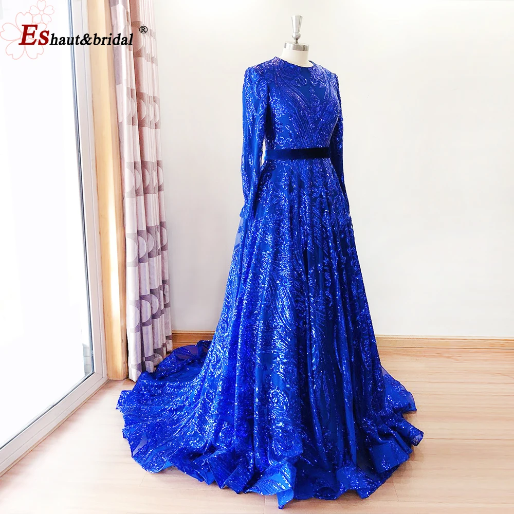 Elegant A-Line Evening Night Dress for Women Muslim 2023 Vintage O Neck Long Sleeves Sequins Formal Prom Wedding Party Gowns