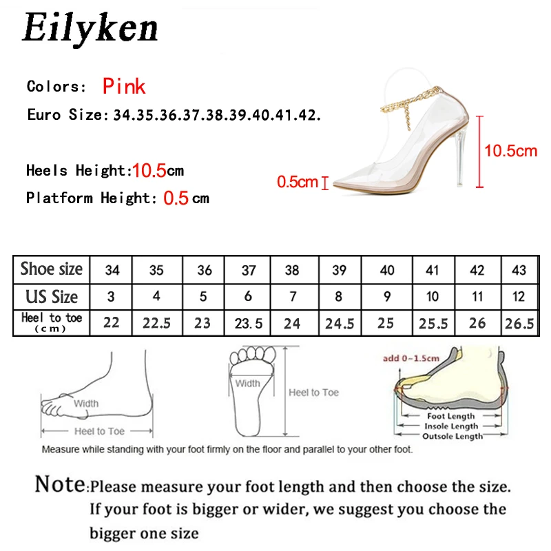 Eilyken New Sexy Women Pumps Elegant Pointed toe Transparent Thin High Heels Chain Crystal Clear Sandals Wedding Shoes