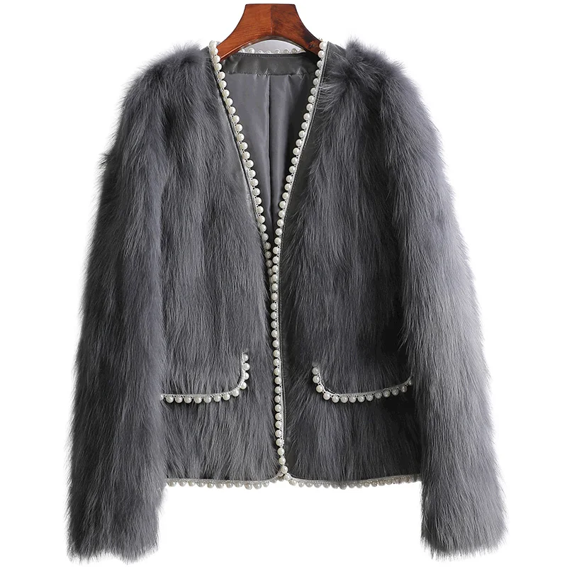 

Luxury Genuine Raccoon Fur Jacket With Beads Autumn Winter Women Warm Coats Outerwear LF21093KQN