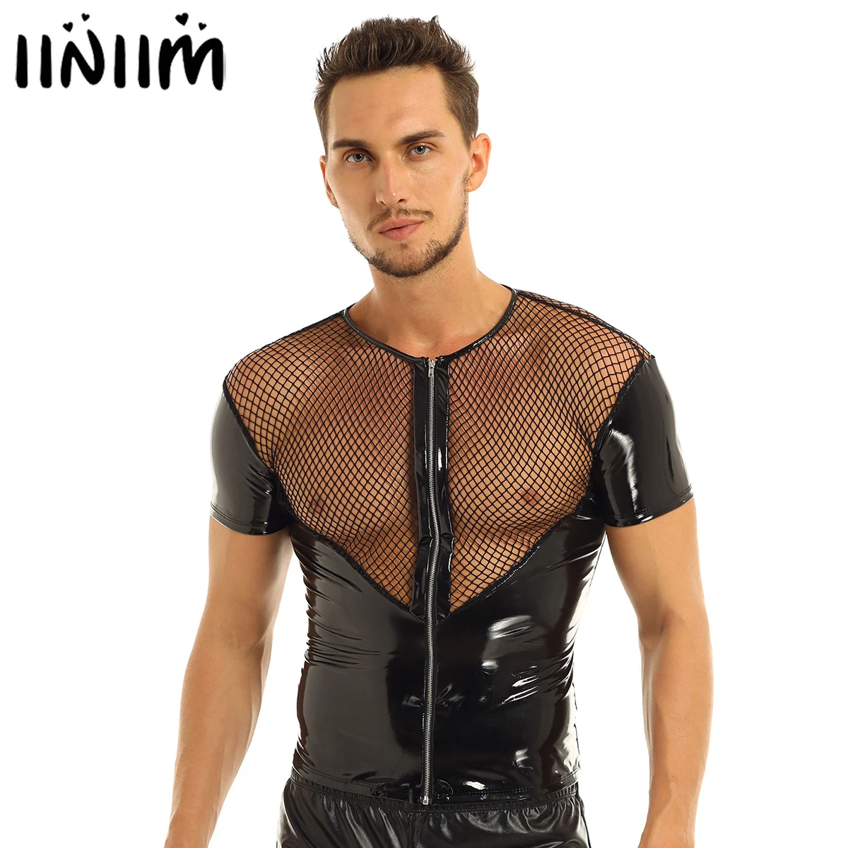 Mens Fishnet Splice Short Sleeve Shirt Tops Wetlook Gothic Punk Clubwear Patent Leather Clubwear Stage Night Costumes T-shirt