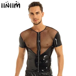 Mens Fishnet Splice Short Sleeve Shirt Tops Wetlook Gothic Punk Clubwear Patent Leather Clubwear Stage Night Costumes T-shirt