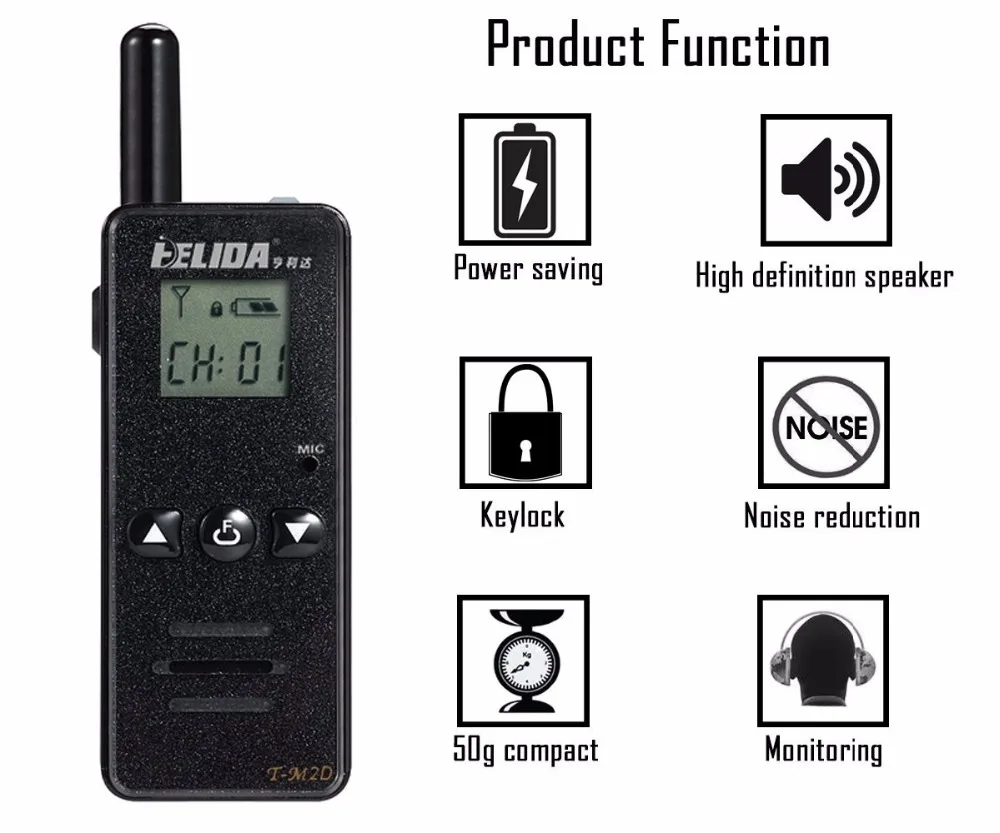 HELIDA-T-M2D Mini Walkie Talkie, 128 Channels, 400-520MHz, Super Tiny Two Way Radio