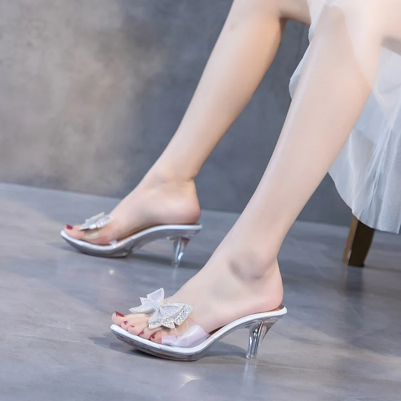 2020 PVC HOT Female Slipper Shoes Butterfly-knot Women  Shoes Transparent High Heels 6.5CM Summer Peep Toe Crystal Women Slipper