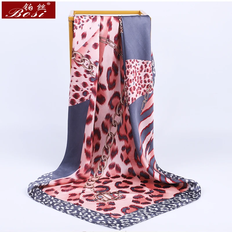 BOSI Pink Leopard print Square Silk Satin big 90*90cm hijab Chain Scarf for Women Scarves Luxury Brand Fashion Shawl Elegant