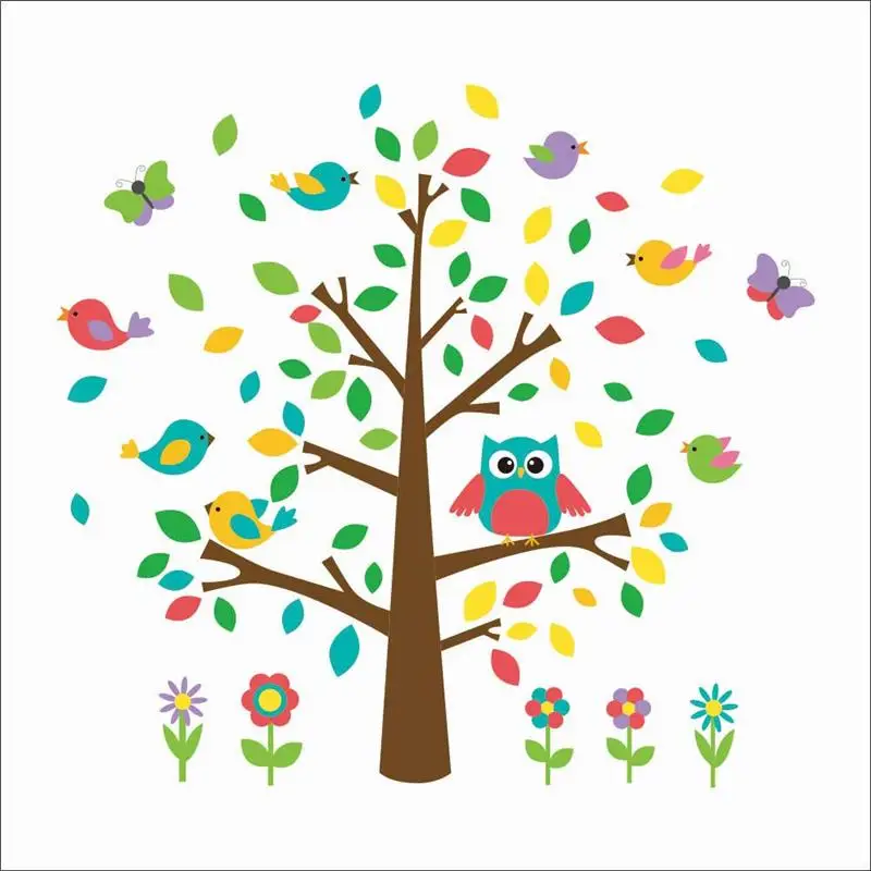 Cute Owlet Birds Colorful Tree Wall Sticker For Kindergarten Kids Room Bedroom Home Decor Cartoon Wall Mural Art Pvc Decals