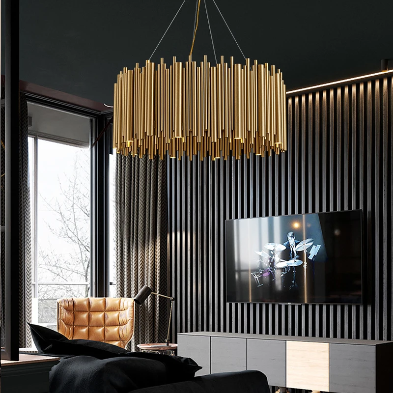 

Modern Luxury Gold Stainless Steel Chandelier Lighting For Living Room Round Hanging Light Fixture LED Home Lamps