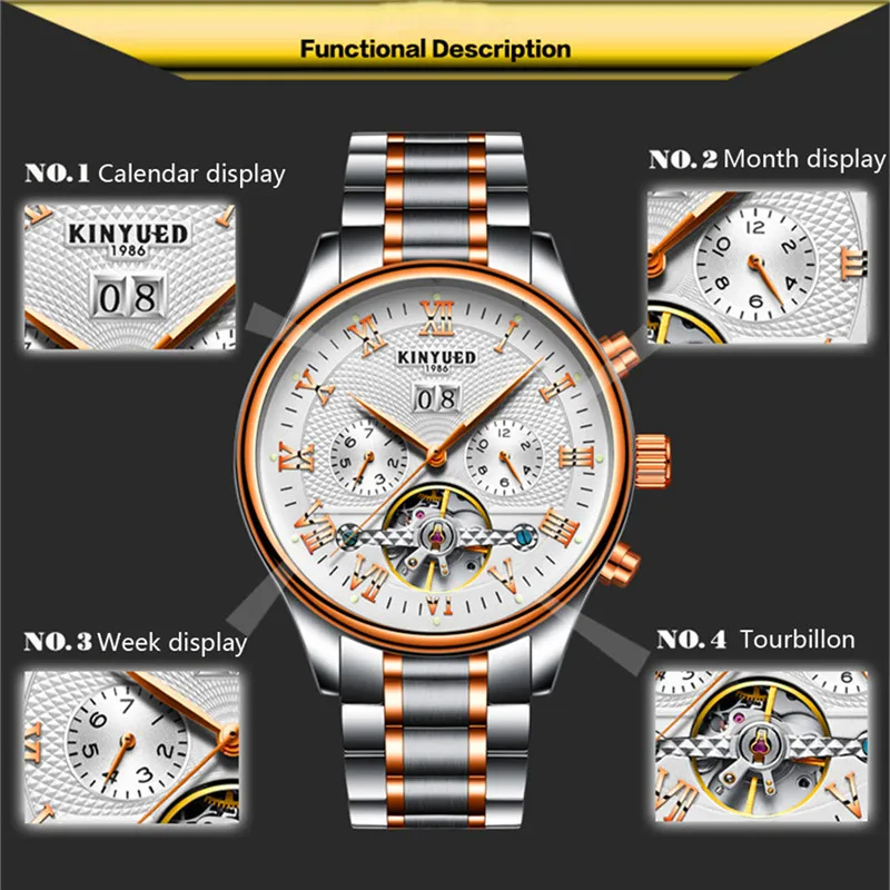 Relojes Tourbillon Watch Men KINYUED Fashion Sport Automatic Mechanical Clock Mens Watches Top Brand Luxury Business Watch