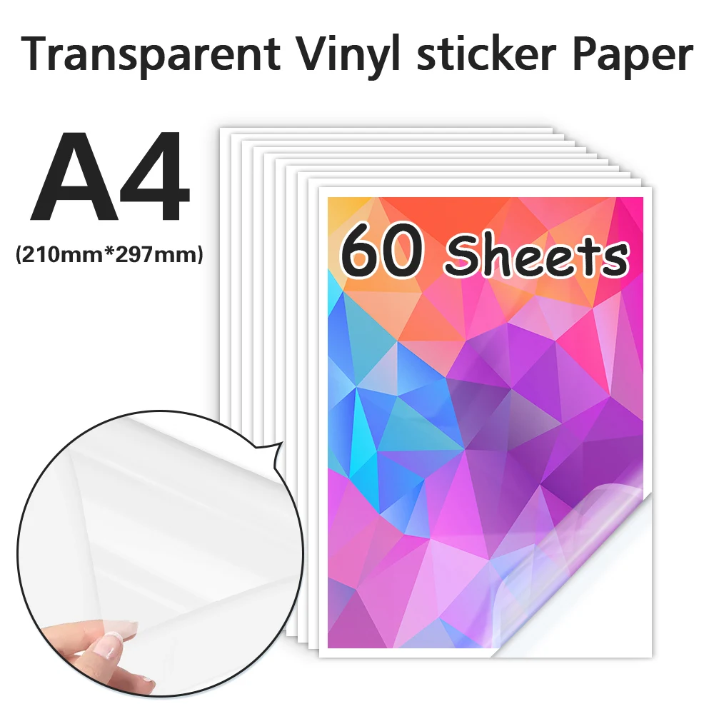 10/60 Sheets Printable Vinyl Sticker Paper Waterproof A4 Transparent PET Label Sticker For Inkjet Printer DIY Decals Gift Crafts