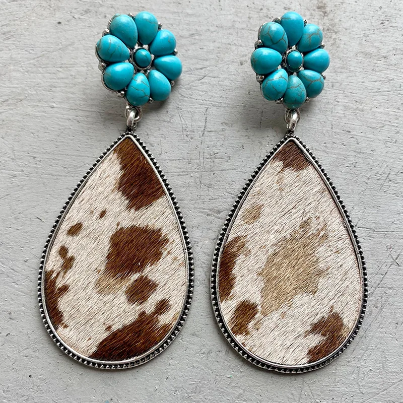 European and American Western Animal Pattern Leather Earrings Bohemian Horsehair Turquoise Pumpkin Flower Metal Simple Jewelry