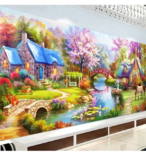 

AB Drill Full Round Diy Diamond Painting Cross Stitch Dream House Diamond Embroidery Cabin Landscape (Size: 120 * 55cm)