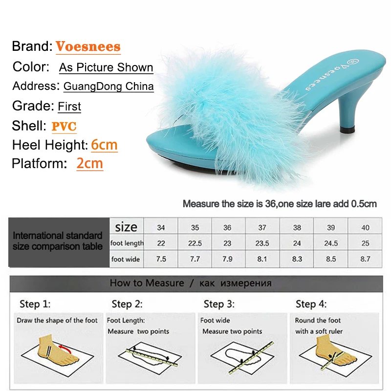 Solid Color Feather Fairy Slippers Summer Transparent Sandals Thin High Heels Sexy Fur Crystal 6cm Low Heel Derss Women Shoes