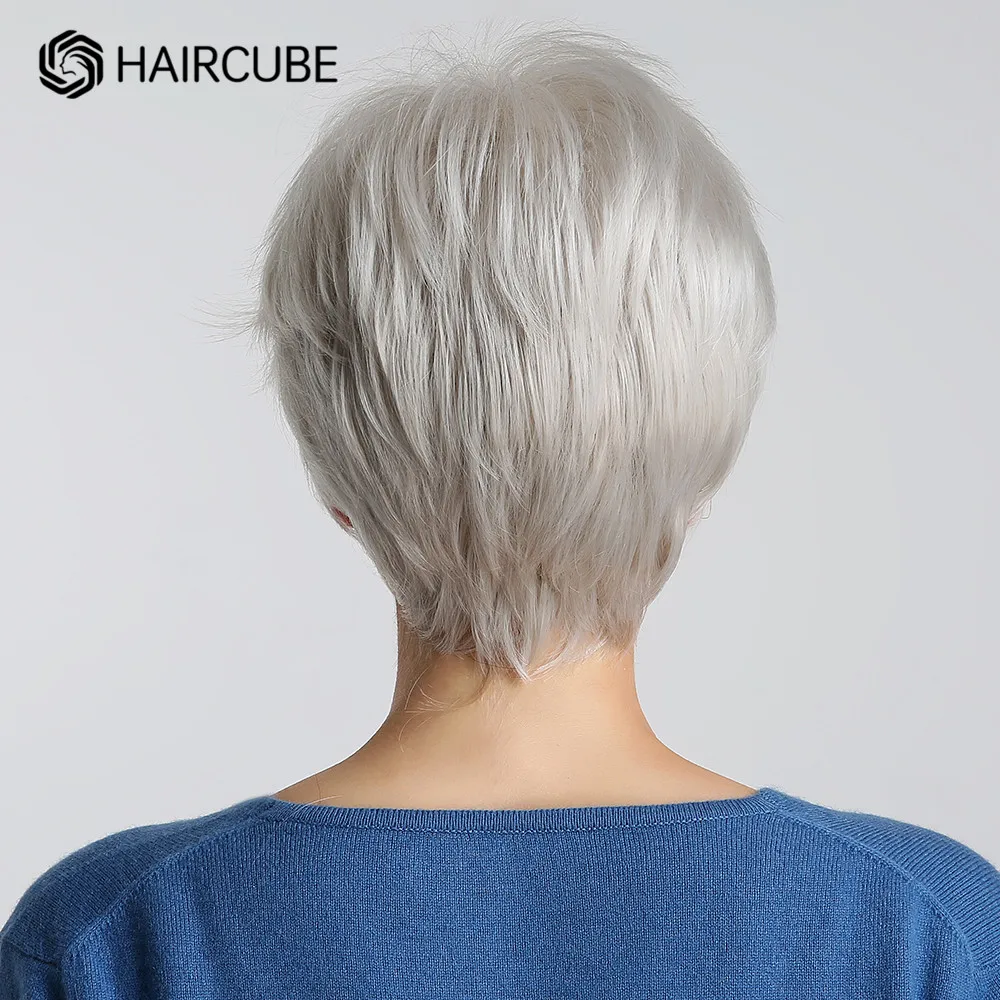 HAIRCUBE Silver Hair Short White Blonde Costumes Wigs for Women Heat Resistant Synthetic Fiber Mixed Human Hair Wig Daily Use