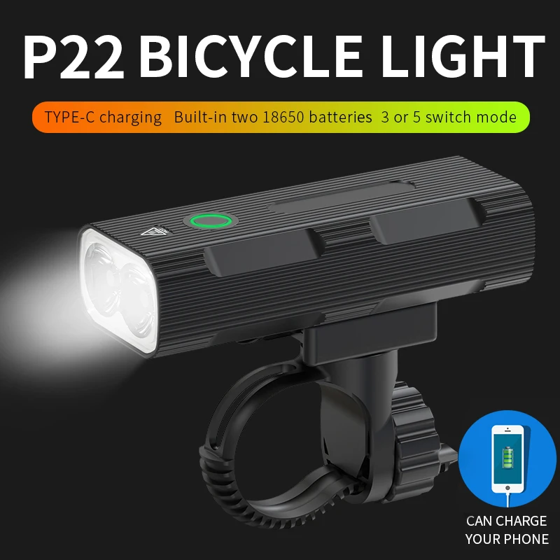 2000LM Bicycle Light Rechargeable Type-C USB Led Bike Light 18650 MTB Handlebar Lamps 2T6 Cycling Front Headlight Accessories