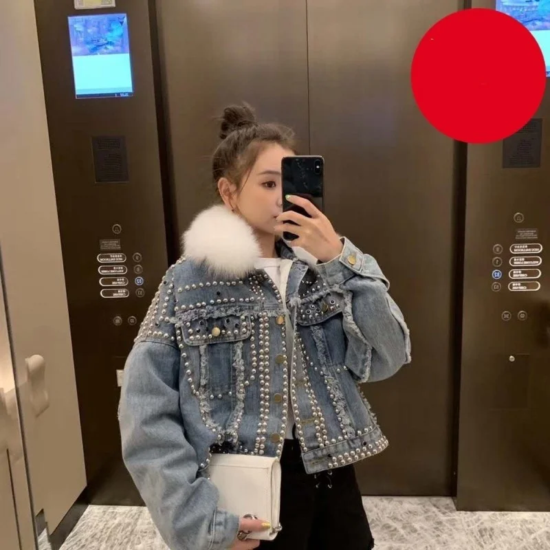 Style Korean Womens Short Wide-Waisted Denim White Duck Down Jacket Single Breasted Spliced Rivet Liner Detachable Thick Coat