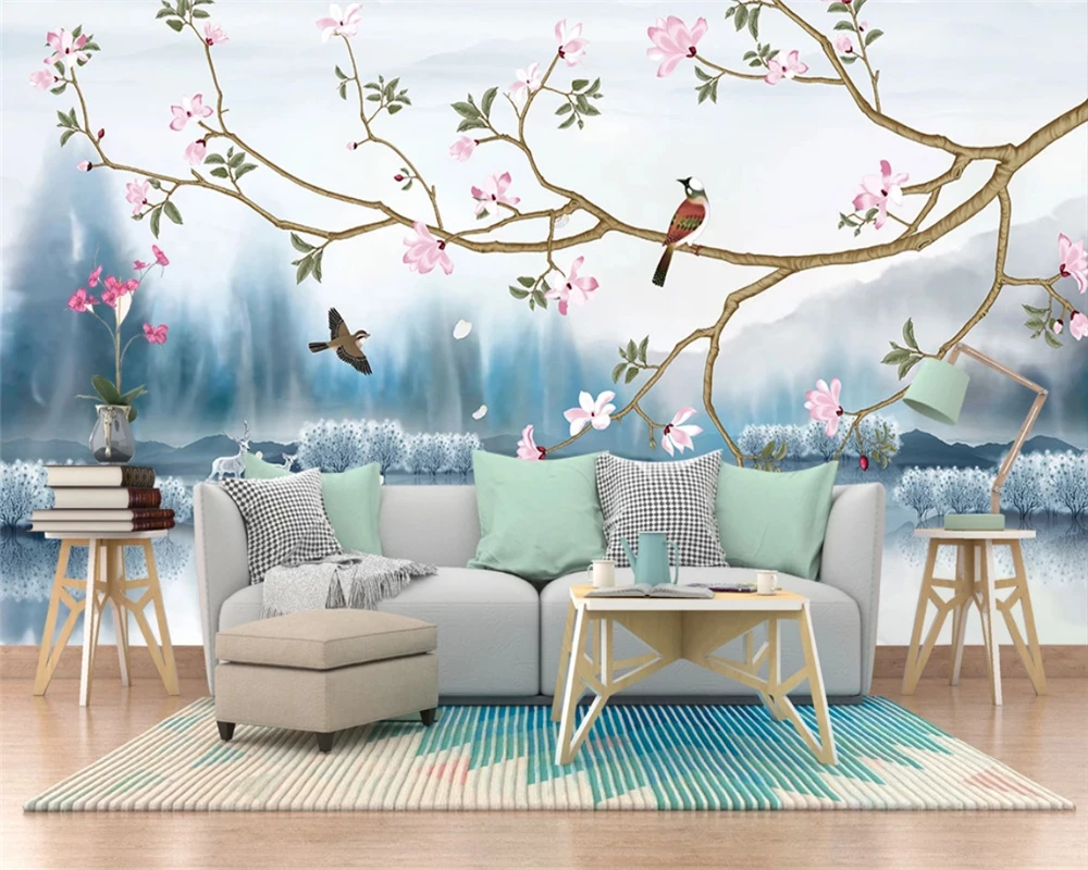 

WELLYU papel de parede Customized hand-painted new Chinese blue ink landscape painting pen and bird TV background wallpaper3D