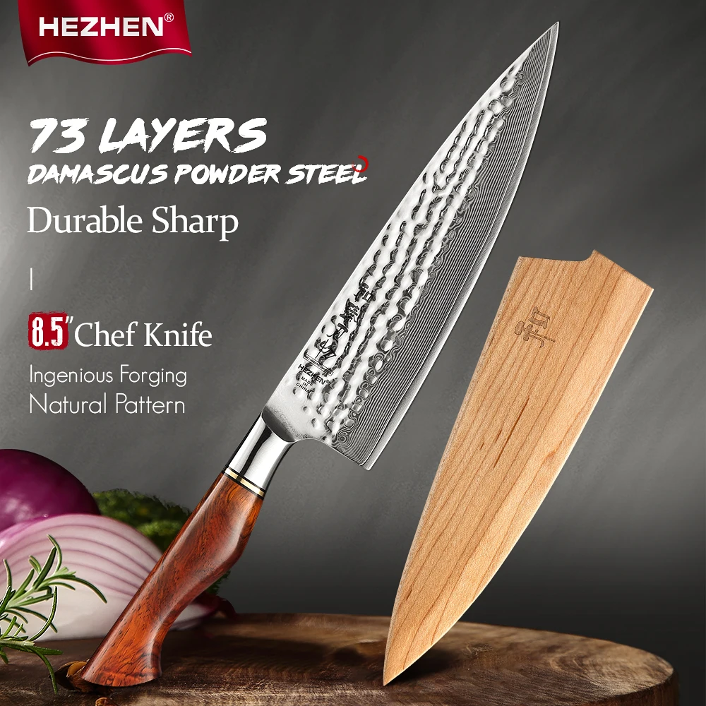 

HEZHEN 8.3 Inches Chef Knife Power Steel Core 73 Layer Damascus Steel Kitchen Tools For Maet Cooking Knives Beautiful Gift Box