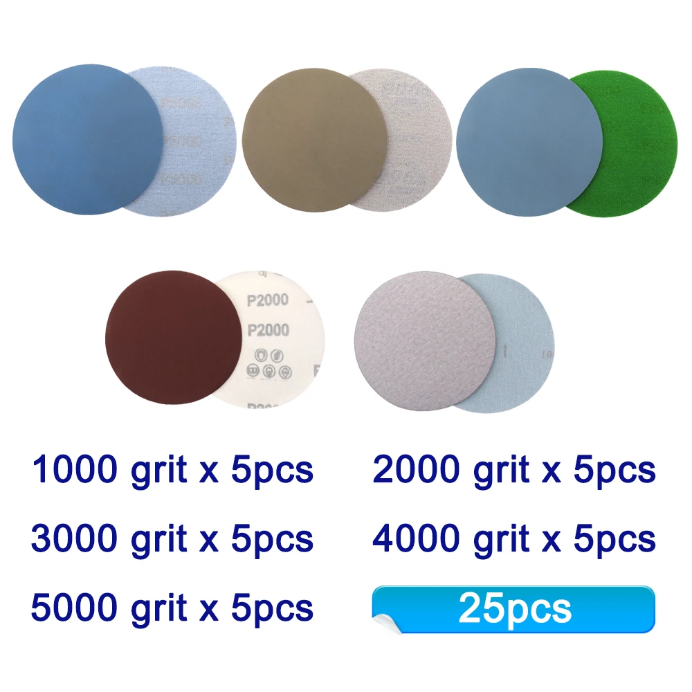 25PCS 1 /2/3/4/5 Inch Assorted Sandpaper Hook and Loop Sanding Disc 1000# /2000# /3000#/4000# 5000#Grits for  Sanding Polishing