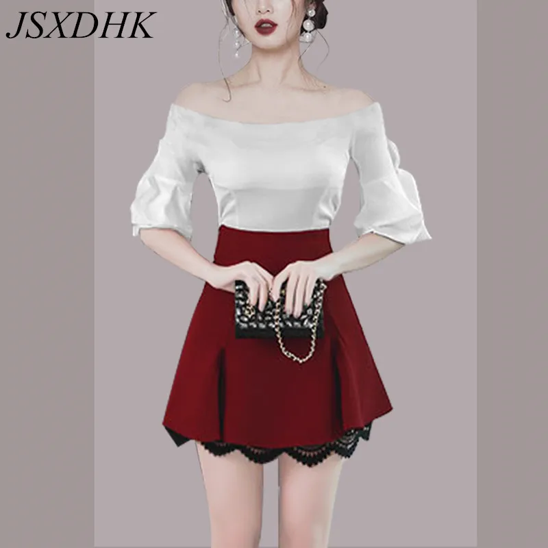 

JSXDHK White Slash Neck Lantern Sleeve Bow Cotton Blouse Tops+ Wine Red Patchwork Lace Skirt Set 2019 Summer Women 2 Piece Set