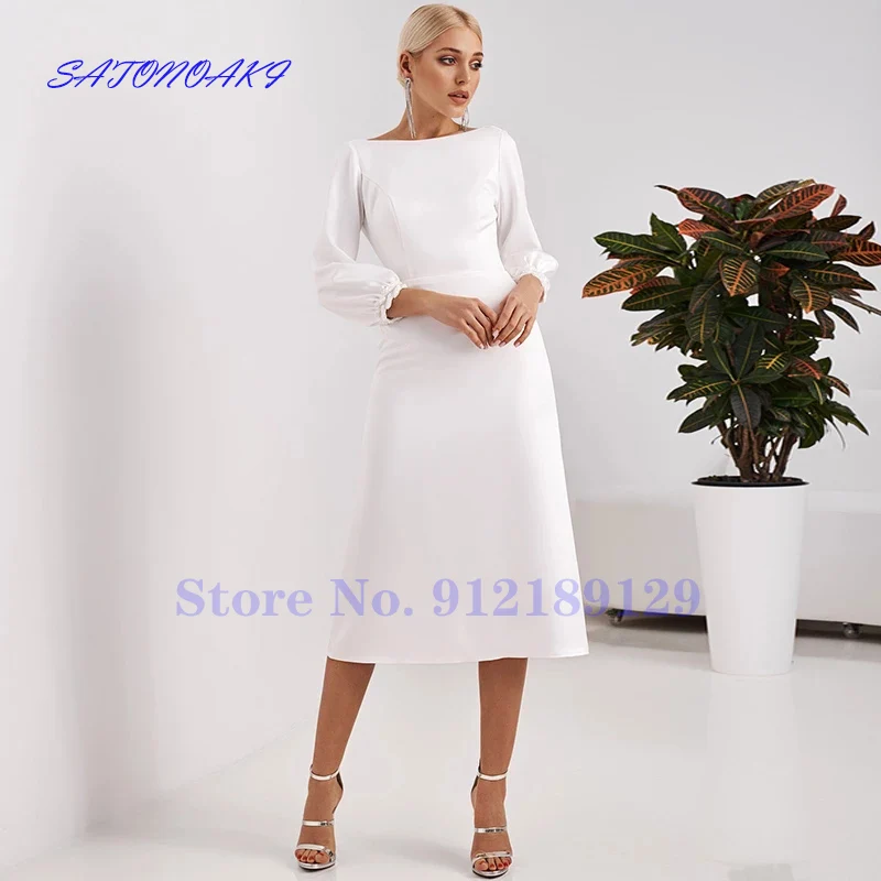 

Vestidos De Novia Simple Satin Tea Length Wedding Dress White Scoop Neck Long Sleeve Bridal Gowns Custom Made Robe Mariée France