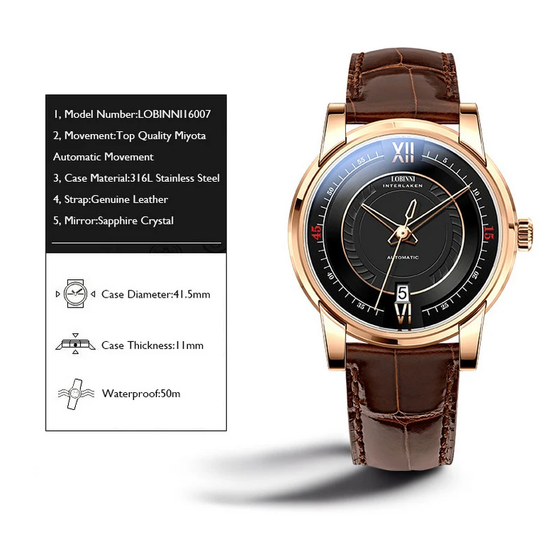 LOBINNI Mens Automatic Watches Top Luxury Brand Male Watch Waterproof Mechanical Wristwatch Sapphire Mirror Date Leather Strap