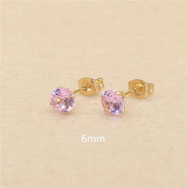 Mini-Ohrstecker aus Edelstahl mit rosa AAA-Zirkonia, 3mm bis 8mm rund, echte goldfarbene Beschichtung, nicht leicht verblassend, allergiefrei – Detail 14