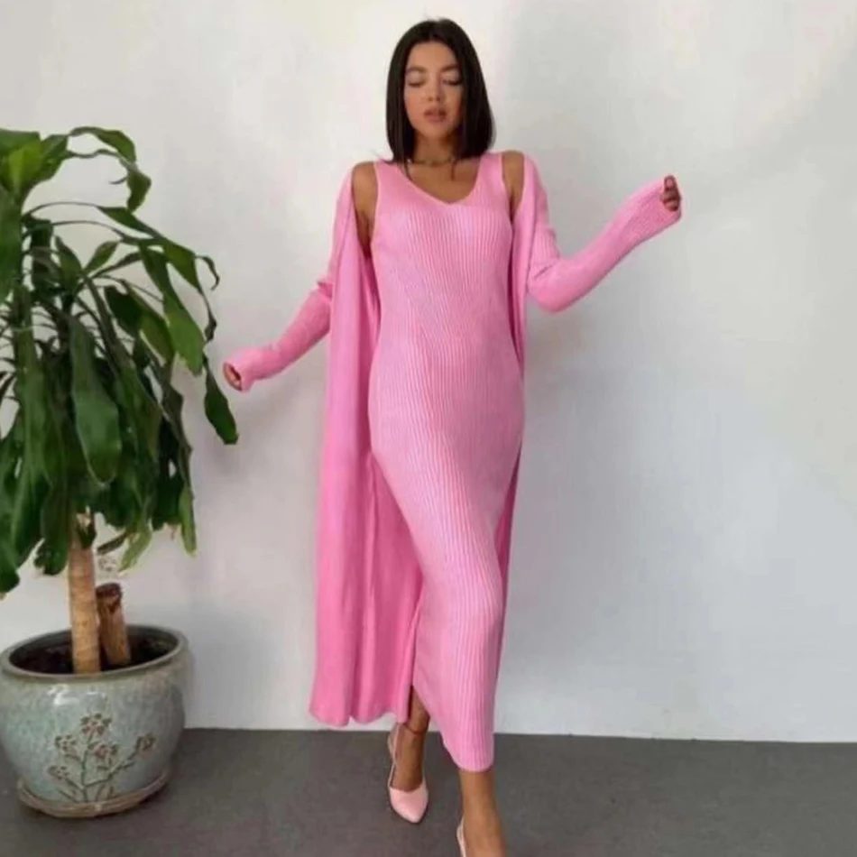 2024 Casual Knit Sling Dress Set V-neck Long Sleeve Loose Long Cardigan Jacket & Midi Dress Two-piece Set 2021 Autumn