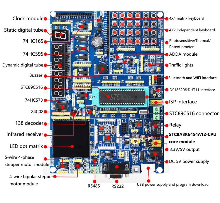 51 MCU Development Board STC89C52 + STC8A8K Dual Core AVR Learning Board + Touchable Color LCD + Motor + AD DA + 51 Simulator