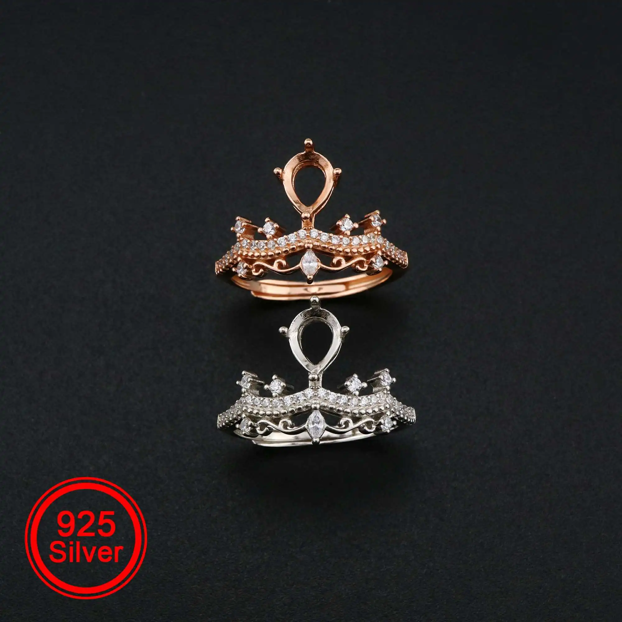 

5x7MM Pear Prong Ring Settings Blank Vintage Style Crown Rose Gold Plated Solid 925 Sterling Silver DIY Bezel Tray 1294203