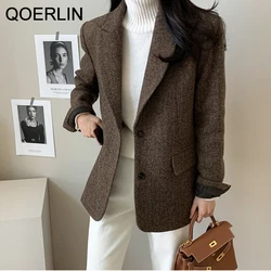 Qoerlin 10% Wollen Blazer Jas Herfst Winter Vrouwen Elegante Single-Breasted Pocket Office Wear Notched Kraag Dikke Blazer Jas