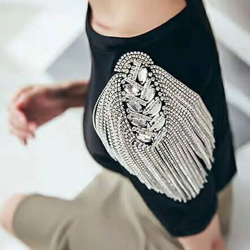 Unisex Punk Fringe Shoulder Papan Lencana Kilau Berlian Imitasi Rumbai Epaulet Rantai Berkualitas Tinggi dan Baru