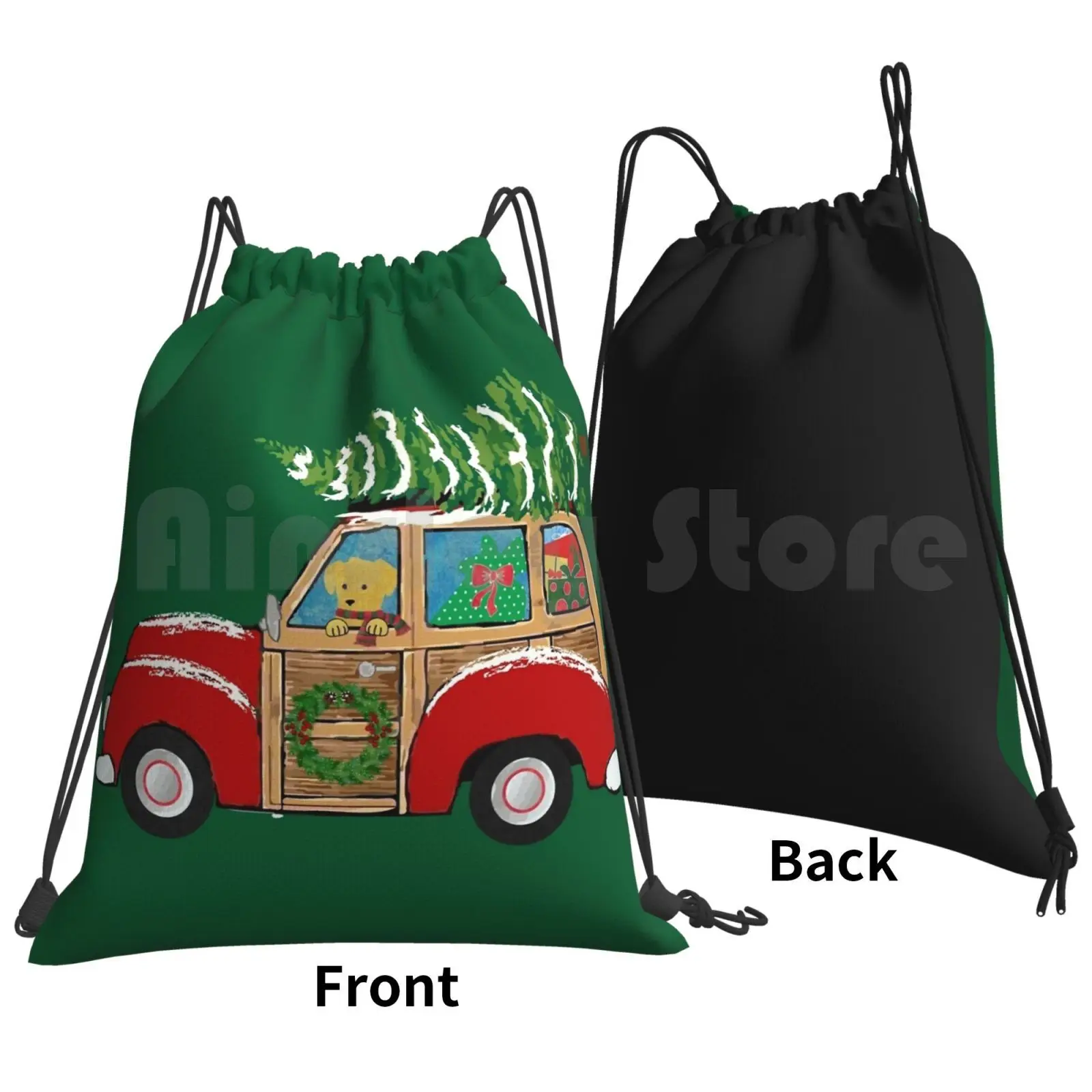 Christmas Woody Wagon-Bringing Home The Xmas Tree Backpack Drawstring Bags Gym Bag Waterproof Bringing Home The Christmas