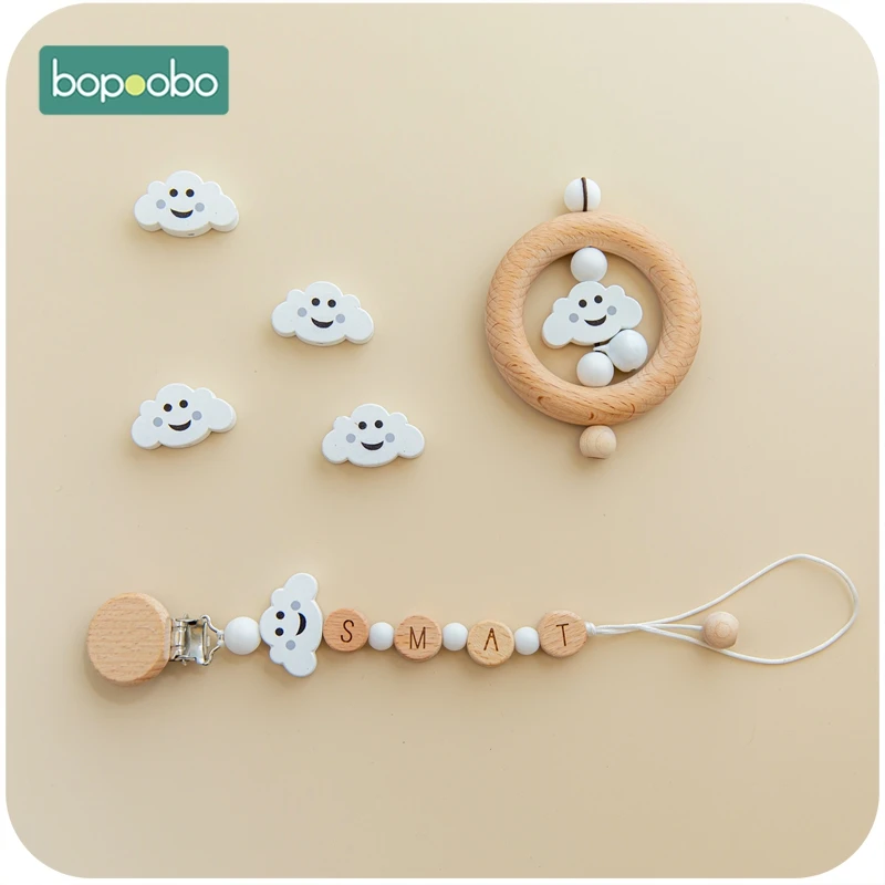 Bopoobo 1 zestaw Food Grade drewniana chmura gryzak łańcuszek smoczka grzechotka dla dzieci bransoletka smoczek wózek dziecięcy akcesoria Baby Teether Set