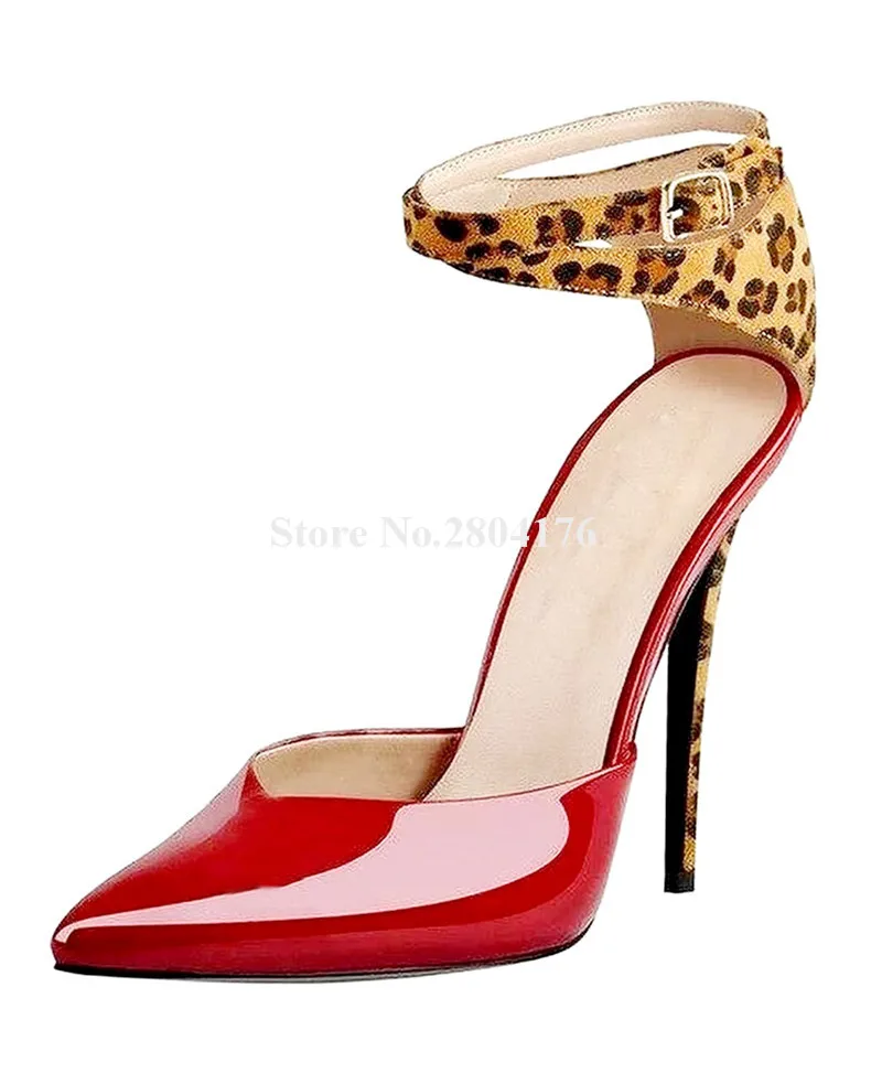 Elegant Women Pointed Toe Patent Leather Patchwork Leopard Stiletto Heel Pumps Red Black Nude Ankle Straps High Heels Big Size