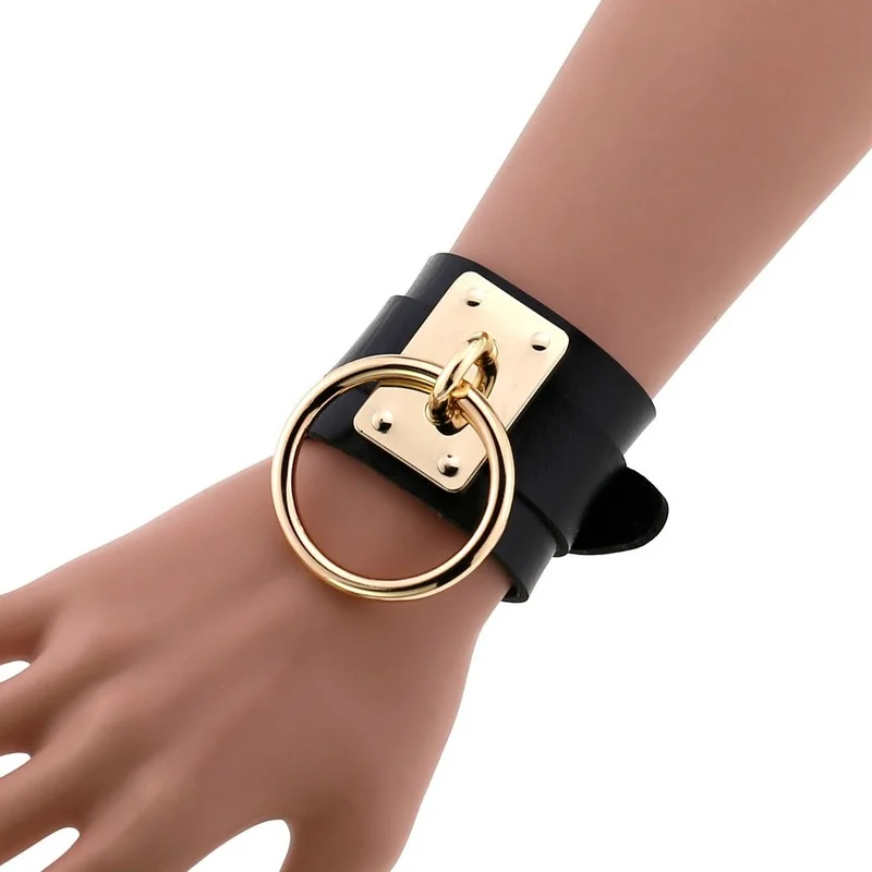 New Fashion Sexy Harajuku Handmade Gothic Punk Leather Bracelets Women Men Metal O-Round Bangle Party Jewelry