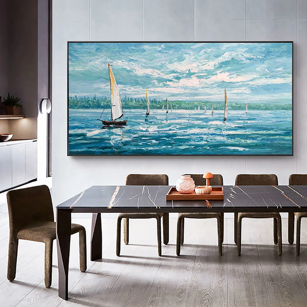 Hand-Painted Sailing Boat Seascape Oil Painting, Blue Mediterranean Landscape Painting, Living Room and Dining Room Decoration