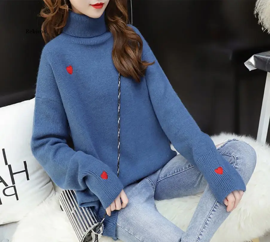 Autumn Winter Korean Fashion Pink Pull Femme Print Heart Autumn Winter Clothes Embroidery Turtlenec Knitted Sweater Pullover