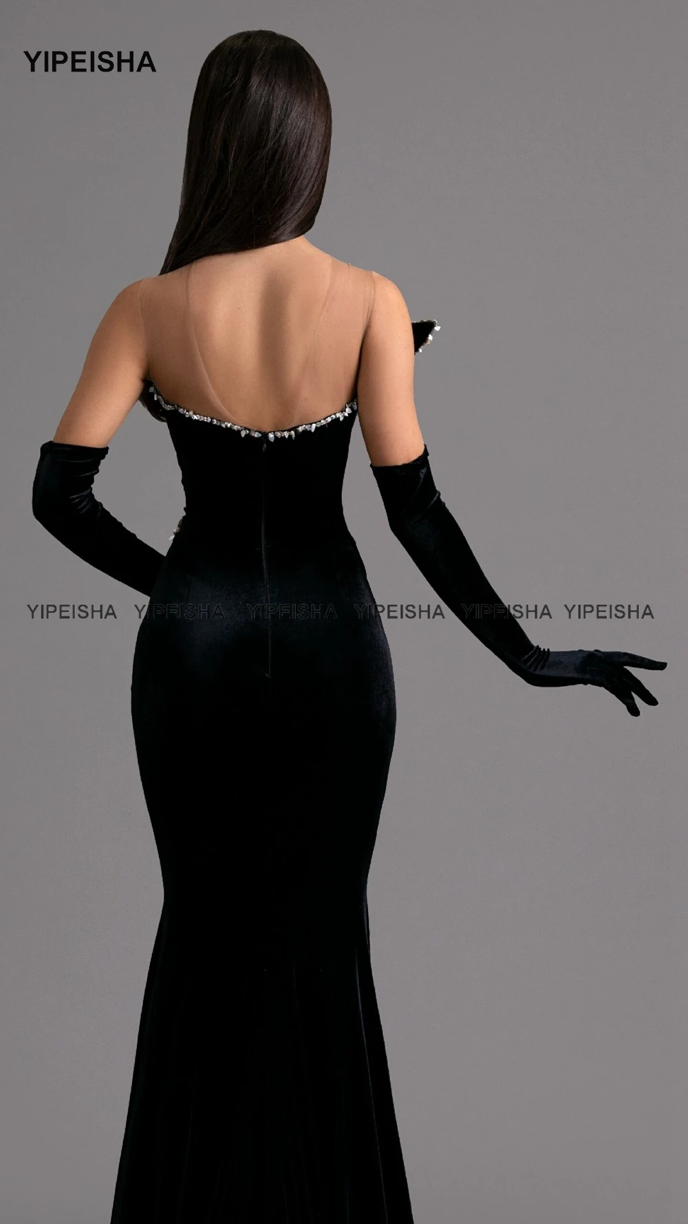 Yipeisha Delicate Beaded Black Prom Dresses Sheer Neck Mermaid Evening Party Dress Long Velour Formal Gown Customized